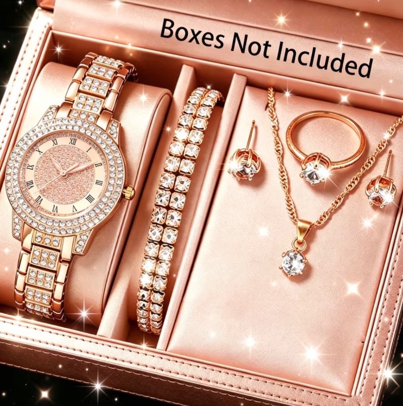 Ensemble mixte de 6 pièces de montre et d'accessoires, un ensemble de bijoux élégant et luxueux, un cadeau-surprise parfait pour les femmes, un cadeau de fêtes et un cadeau de fête des mères