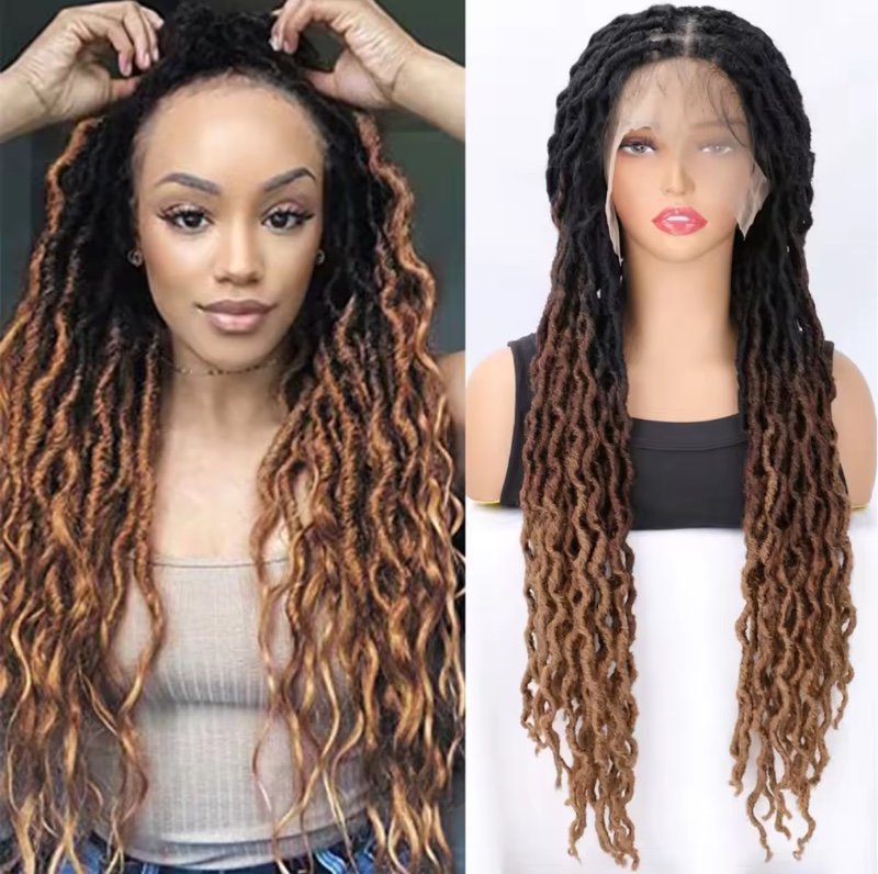 Perruque Ombre Faux Locs avec Baby Hair, Raie Carrée, Entièrement en Dentelle, Synthétique, Tressée, Perruque Frontale en Dentelle, Tressée Sans Nœuds avec Pointes Bouclées