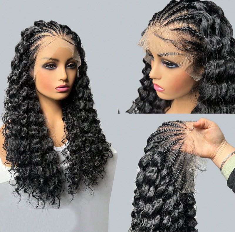 Perruque bouclée sans colle avec tresses synthétiques à lace front de 66 cm (26 pouces) et baby hair