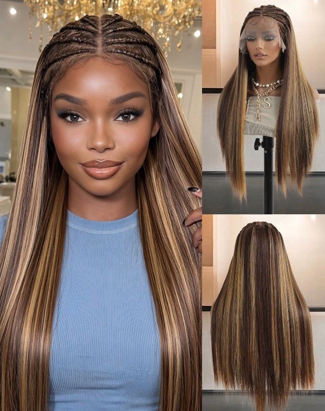 Perruque tressée Lace Front 13*6 avec style bohème sur le dessus de la tête, couleur noire, 76 cm (30 pouces), extra longue et lisse, avec baby hair, pour femme - Cheveux synthétiques résistants à la chaleur,