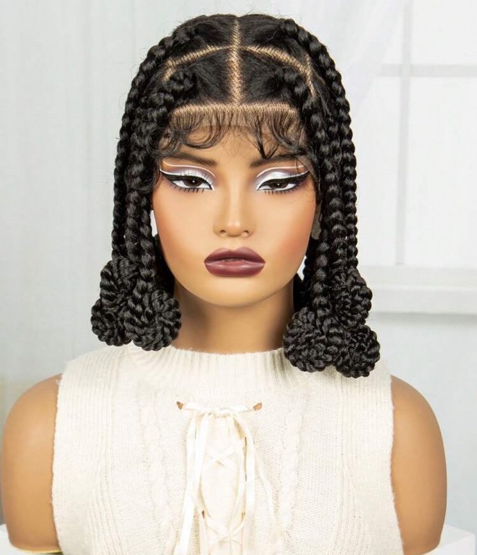 Perruque tressée élégante en dentelle intégrale pour femme, disponible à tout moment - Légère, tressée à la main en cornrows Bantu Box Braids avec un toucher soyeux naturel, densité 180 %