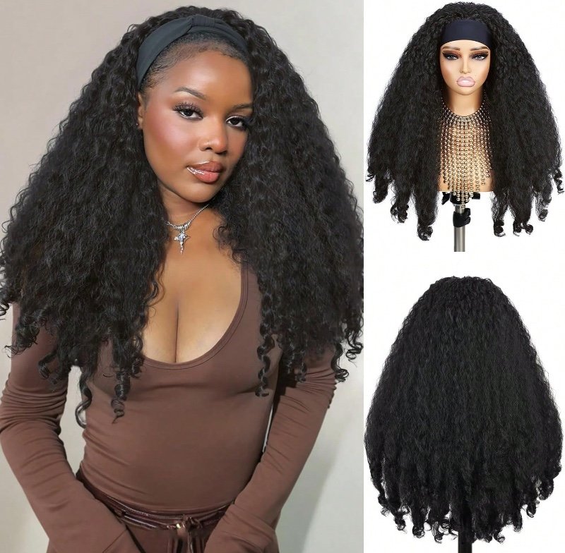 Perruque afro bouclée avec bandeau, cheveux synthétiques tressés, texture bouclée unique et rebondissante aux pointes, 56 cm (22 pouces), perruque bouclée douce avec bandeau pour femmes noires, mélange de cheveux crépus de type 4C.