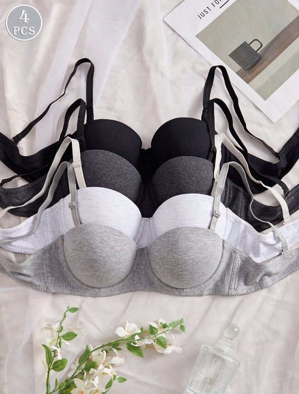 Ensemble de 4 soutiens-gorge sans armatures en coton doux et confortable pour femmes, adaptés aux petites poitrines.
