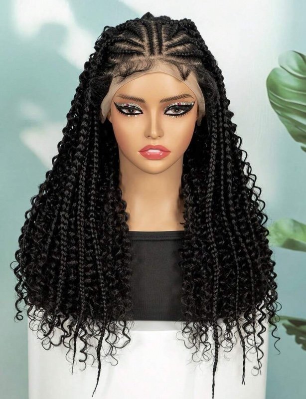 Perruque frontale en dentelle haute définition 13x6, synthétique, mi-tressée, mi-bouclée avec baby hairs, pré-tressée, 56 cm (22 pouces)