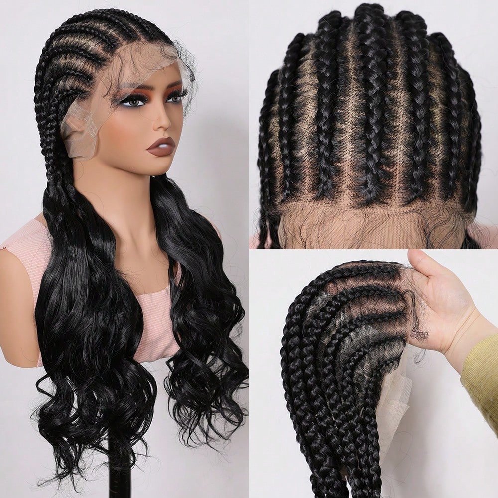 Perruque tressée en dentelle intégrale avec pointes ondulées, cheveux synthétiques noirs naturels, fibre résistante à la chaleur, perruque de remplacement pour femme avec baby hair