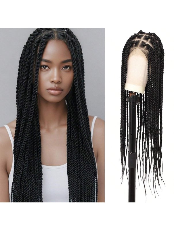 Perruque tressée 360° en dentelle intégrale haute définition sans nœuds, perruque à tresses torsadées, perruque en dentelle intégrale avec baby hair, perruque tressée synthétique torsadée faite au crochet à la main, 91 cm (36 pouces).