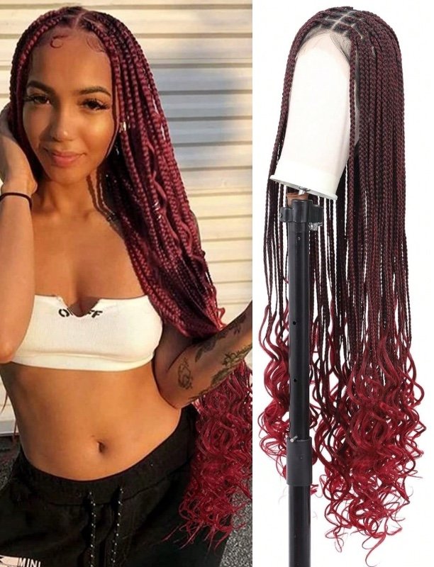 Perruque tressée sans nœuds, 94 cm (37 pouces), avec double lace frontale et baby hair, pour femme. Perruque tressée extra longue avec pointes bouclées. Perruque synthétique tressée avec lace frontale.