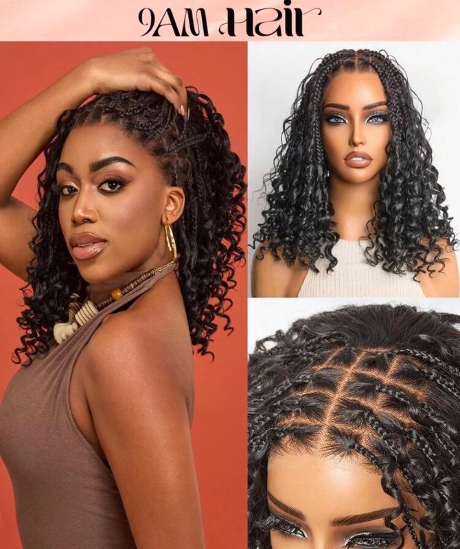 Perruque en cheveux humains avec lace front transparente 13x6 pour femme, coupe bob, 7 mèches tressées, couleur chocolat, 25-40 cm, avec baby hair et ligne de cheveux naturelle.