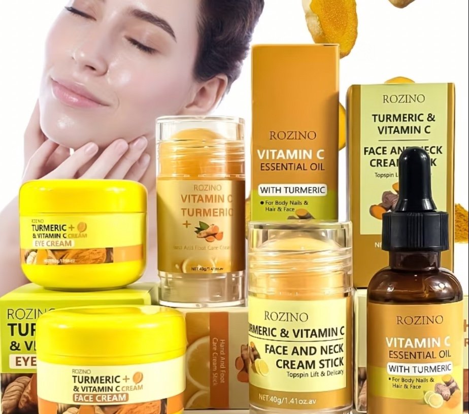 Ensemble de soins pour le visage, les mains et les pieds au curcuma naturel et à la vitamine C, 5 pièces, texture de crème hydratante, une touche d'hydratation, hydratation et éveil de la luminosité, peau rebondie et hydratée, améliore l'élasticité de la