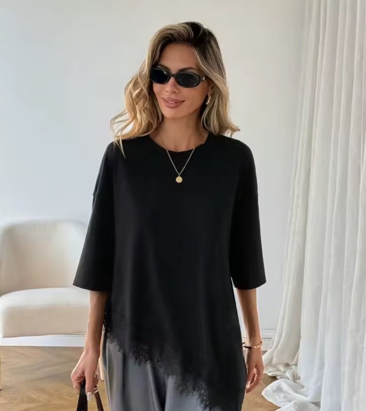 Nouvelle Collection Été T-shirt Ample Femme Imprimé Léopard à Volants et Lacets Rembourrés