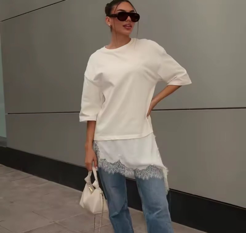 MUJER Polo dentelle femmes T-shirt asymétrique débardeurs pour femme à manches courtes drôle femme T-shirts Streetwear décontracté hauts dames