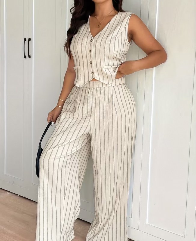Ensemble Gilet et Pantalon à Rayures Style Français, Design Minimaliste pour l'Été