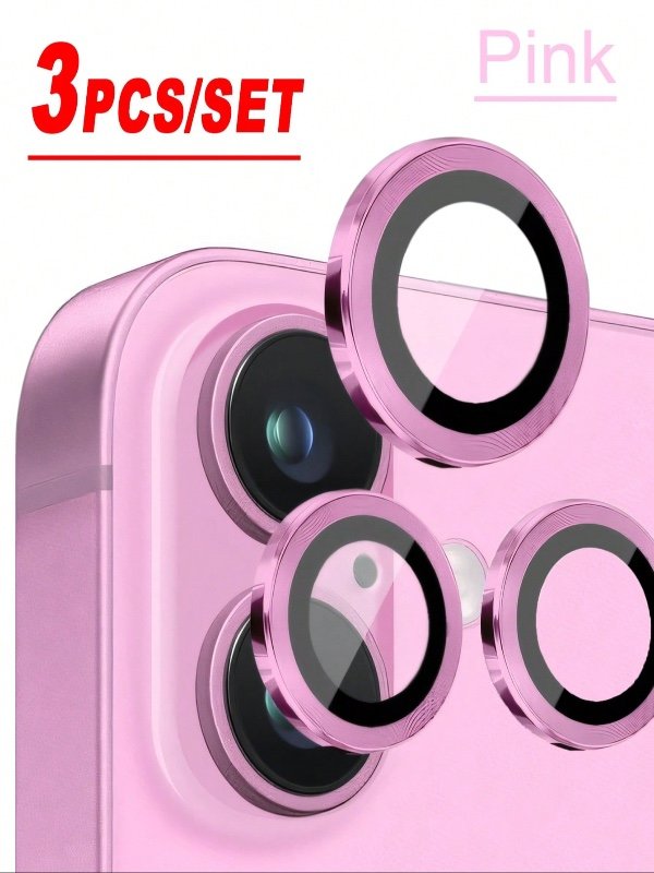 ZYONS 3 pièces Protecteur d'objectif de caméra en métal rose, ajustement parfait, couvercle d'objectif circulaire de caméra arrière, compatible avec iPhone 16 Pro Max/16 Pro/16 Plus/16/16E/15/14/13 Mini/12/11 Série, cadeau d'anniversaire, de famille, d'am