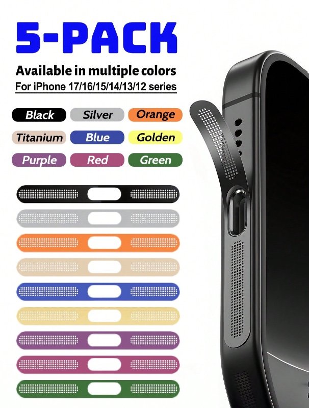 ZYONS 5 pièces Grille de protection anti-poussière pour haut-parleur en métal compatible avec iPhone 17 Pro Max/17 Air/16 Pro Max/16/15/14/13/12 Série, fabriqué en matériau métallique durable, disponible en noir/argent/orange cosmique/or/vert/rouge/bleu/v