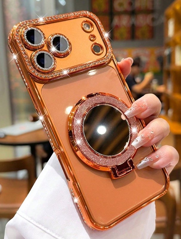 Étui de téléphone de luxe avec protection d'objectif en strass brillant, plaqué anti-chute, miroir de maquillage à paillettes brillantes, support anneau et béquille, coque arrière pare-chocs antichoc de haute qualité, compatible avec iPhone 17 16E 15 14 1