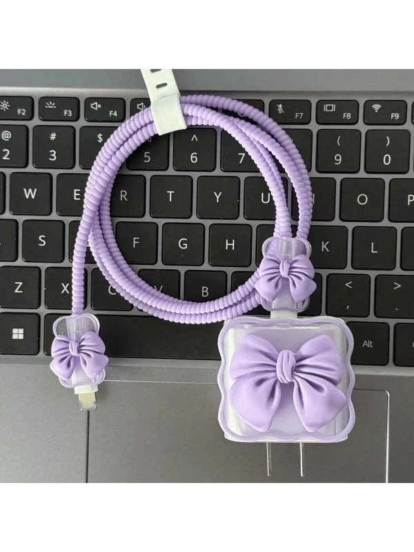 Ensemble de protection du câble de données avec décoration de nœud noir mignon, compatible avec Apple pour 18/20W. Comprend une protection de câble, une protection de chargeur et un protecteur de câble à morsure
