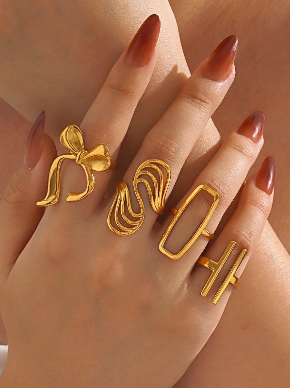 4 pièces/set Bagues ouvertes minimalistes en acier inoxydable plaqué or 18 carats avec motifs géométriques et nœuds, convenant pour le port quotidien des femmes