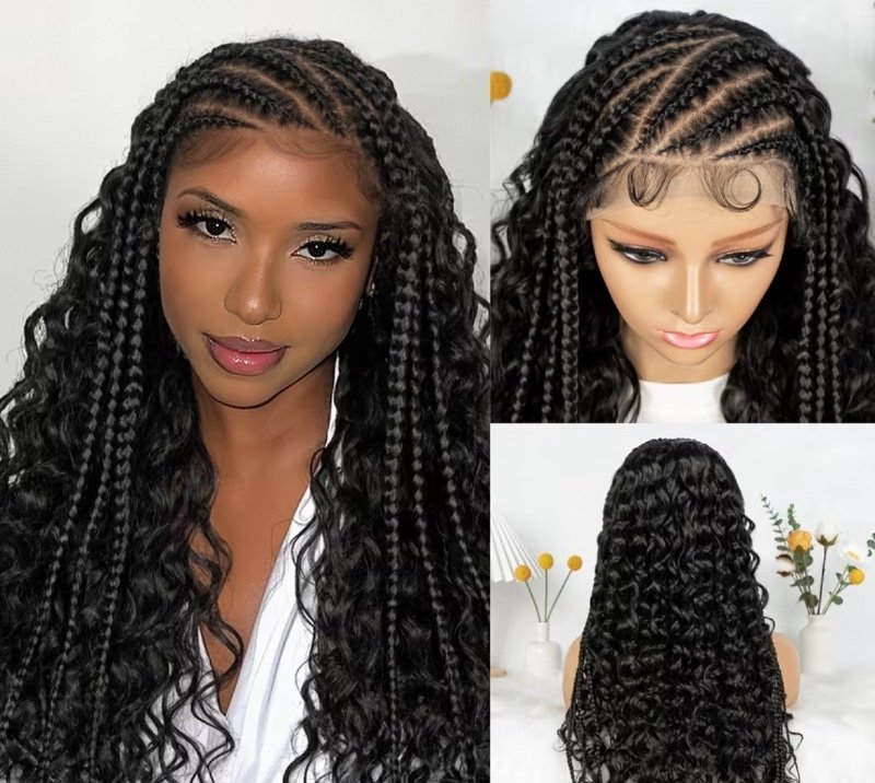 66,04 cm Perruque Tressée Lace Front pour Femmes, Perruque Ondulée Bouclée, Densité 150%, Box Braid Sans Nœuds