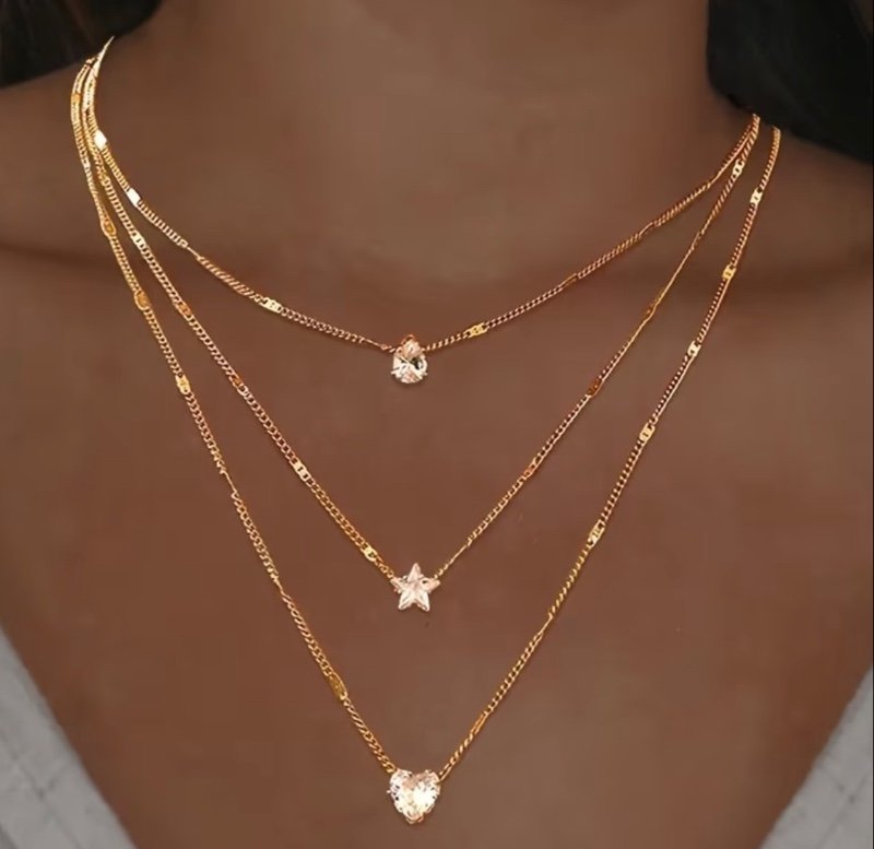 Collier multicouche avec pendentifs en cristal artificiel - Cœurs, étoiles et gouttes