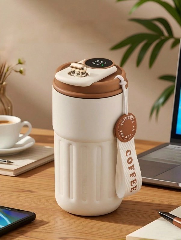 1 pièce Mug à café 460 ml avec affichage de la température, en acier inoxydable, pour le bureau/la voiture, tasse à café à isolation thermique chaude et froide, fonctionnement pratique d'une seule main, ouverture-poussée, verrouillage anti-fuite, design p