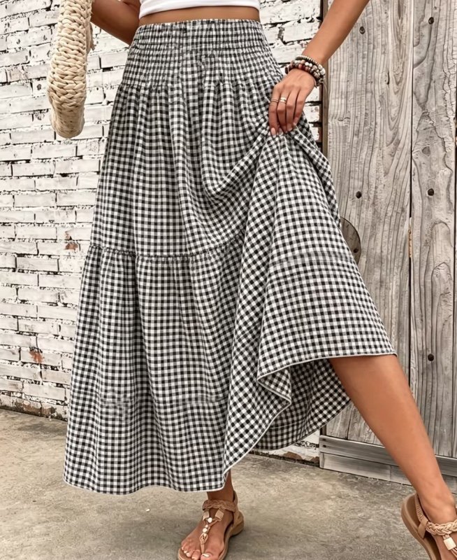 Jupe de plage élégante et classique à carreaux, style vacances, style été pour femmes, taille élastique froncée, convient pour les trajets quotidiens et les tenues décontractées, les réunions, les fêtes et les sorties festives