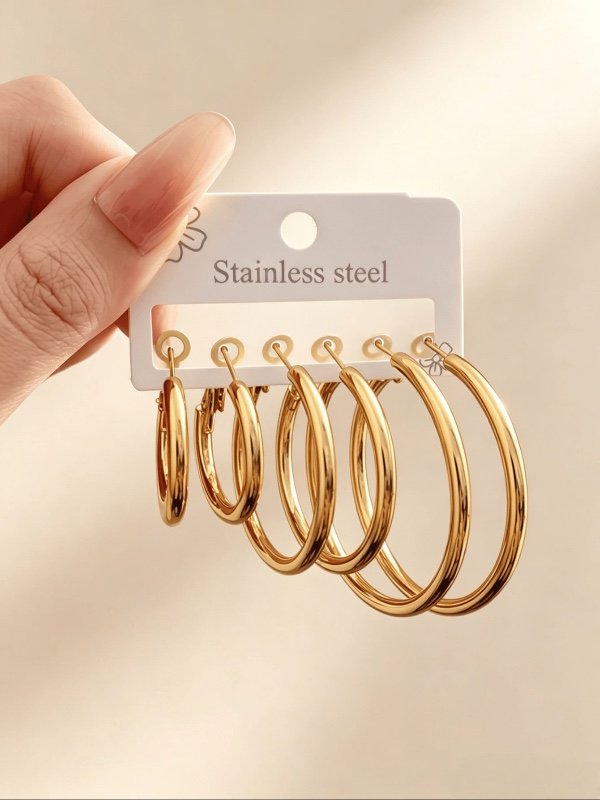 3 paires/set de boucles d'oreilles en acier inoxydable plaqué or en forme de C, convenant à toutes les saisons.