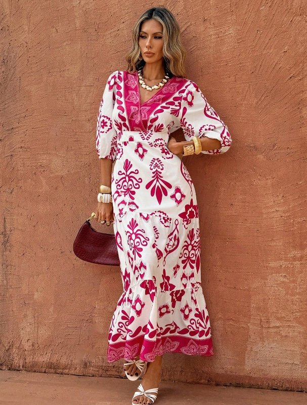 Selianne Robe midi élégante et à la mode pour femmes, style décontracté et confortable. Design rétro minimaliste et romantique, idéal pour les vacances. Col en V croisé, manches bouffantes, taille ajustée, ourlet fendu, imprimé floral (imprimé aléatoire)