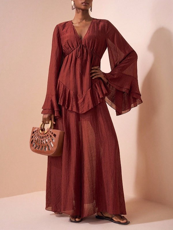 Zivah Robe maxi à manches longues d'été, col en V, taille cintrée, ourlet à volants, ligne A doublée, marron riche, bohème, vacances, congés, élégante, fête, banquet, croisière, voyage, bain de soleil