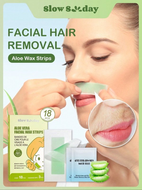 Bandes de cire faciale à l'aloe vera SlowSunday, épilation à la cire, conçues pour les lèvres, les sourcils, pour une finition douce et nourrie, avec un pack d'huile pour éliminer les résidus, pour le corps, les jambes et les bras.
