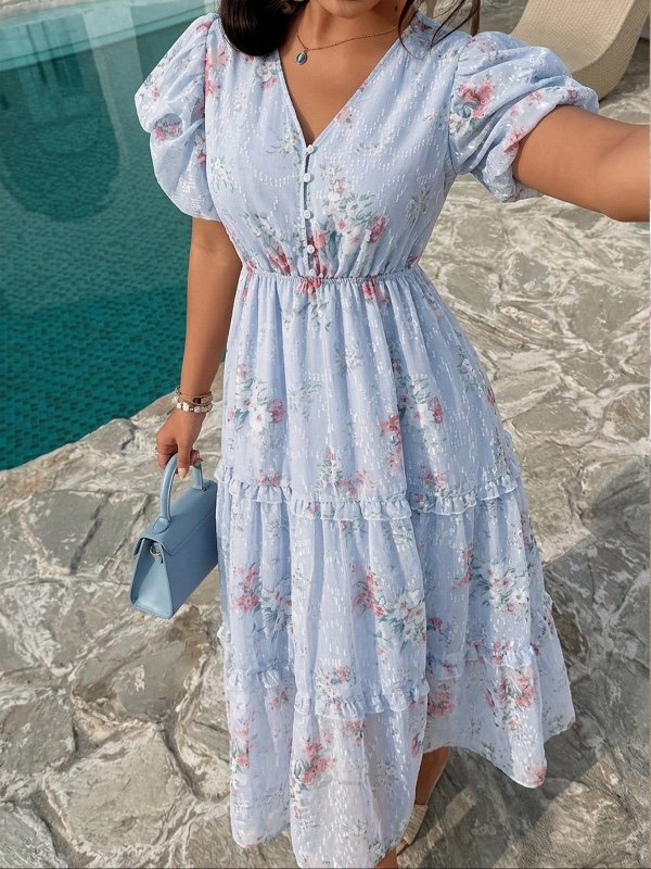 K-Vae Robe mi-longue à col V à manches courtes avec motif floral pour femmes