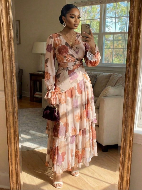 Lady CURVE Nouvelle robe longue pour femmes grandes tailles, imprimé floral, volants à l'ourlet, taille cintrée, stretch élevé. Robe d'automne, robe à volants, robe fleurie