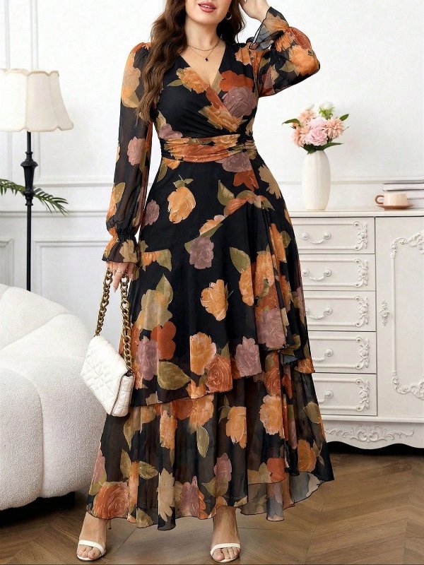 Reflora Nouvelle robe longue pour femmes grandes tailles, imprimé floral, volants à l'ourlet, taille haute élastique affinante. Robe d'automne, robe plissée, robe fleurie