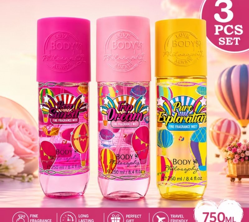 Body Philosophy Coffret 3 Brumes Parfumées 250 ml – Pure Exploration, Rose Sunset & Trip Dream