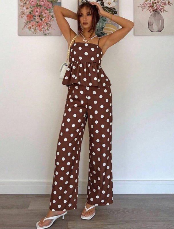 Siren Gaze 2 pièces Ensemble débardeur et pantalon décontracté d'été à imprimé pois pour femmes