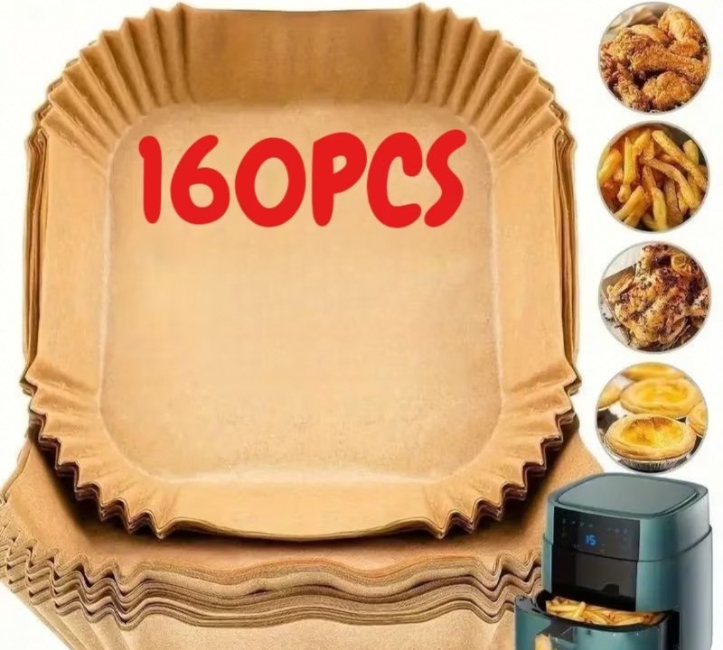Lot de 160 doublures carrées pour friteuse à air, compatibles avec les friteuses à air, cuiseurs vapeur, micro-ondes et fours. Jetables et faciles à nettoyer. Idéales pour la cuisine quotidienne.
