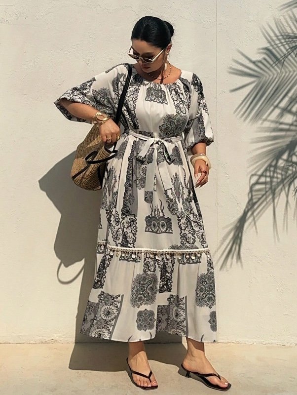 Dazy Plus Robe longue style vacances ample à imprimé floral, col rond avec cordon de serrage, grande taille pour femmes, robes bohèmes d'été/printemps pour femmes