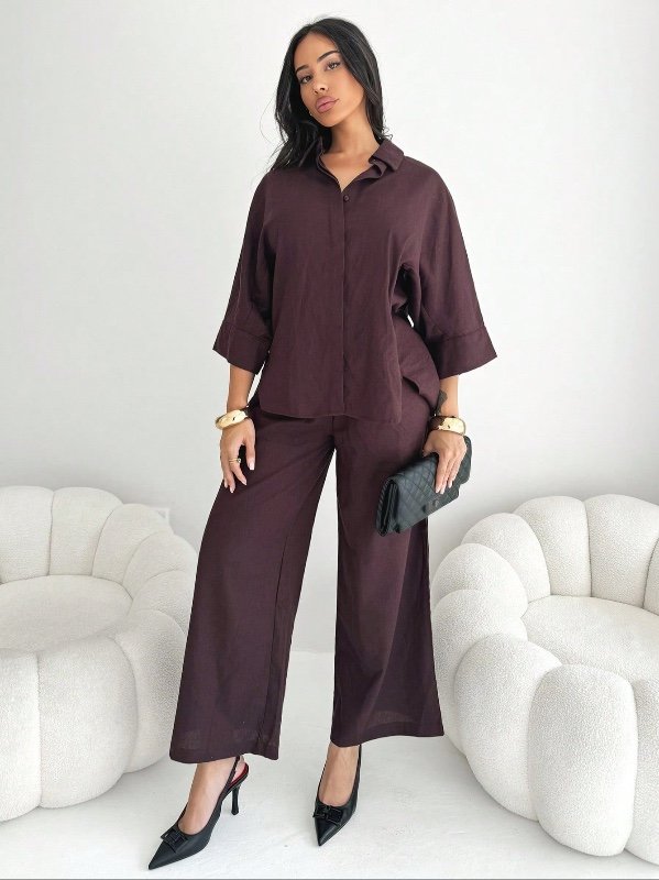 Shopreo 2 pièces/Ensemble Chemise ample avec fente latérale mélangée et pantalon large taille haute élégant pour femmes, tenue décontractée pour le travail