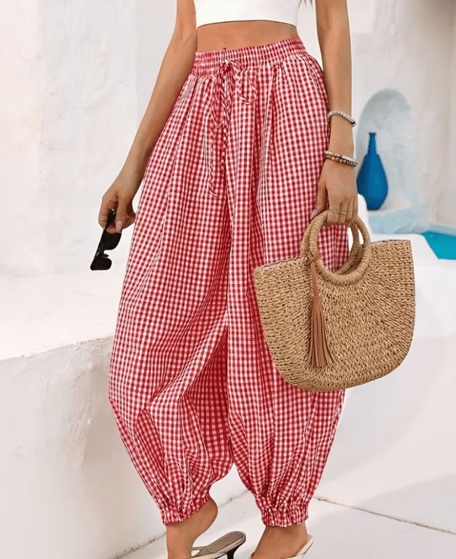 AK260317010 Pantalon Harem Ample à Carreaux et Taille Tie pour Femmes, Style Vacances, Tenue de Vacances d'Été, Pantalon de Jambes Harem Ample à Taille Élastique avec Imprimé à Carreaux, Adapté pour le Bureau, les Affaires, les Tenues Décontractées, le Po