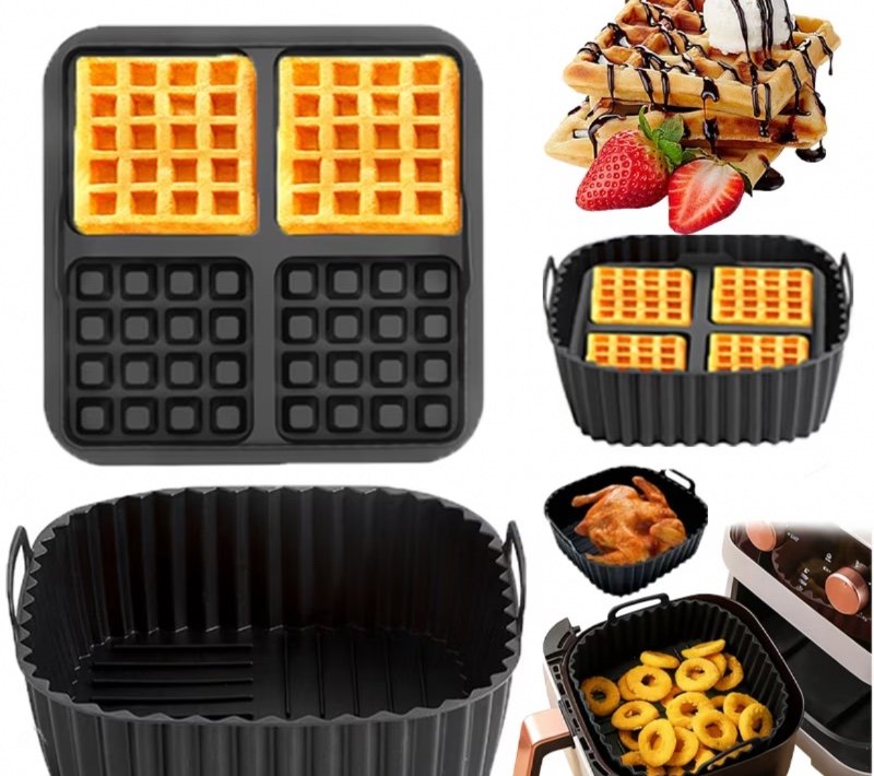 Ensemble de cuisson pour friteuse à air - Plateau de cuisson carré et moule à gaufres carré - Panier en silicone antiadhésif réutilisable - Moule à gâteau idéal pour gaufres, petits outils de cuisine, conception compacte, facile à nettoyer, accessoires de