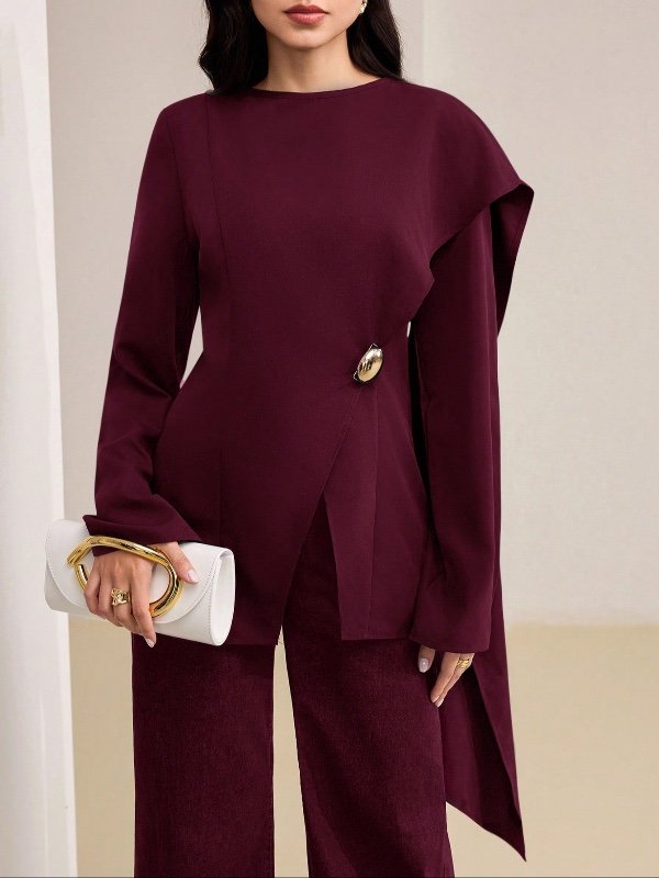 Veilorie Blouse mode à manches longues, col rond, avec boutons métalliques décoratifs et ourlet fendu, couleur unie pour femmes