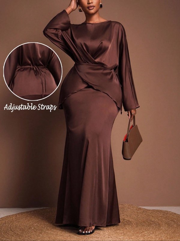 Veslaya 2026 Automne/Hiver Ensemble grande taille pour femmes, Top à manches longues avec croisement élégant et jupe longue droite, Deux pièces, Convient pour concert de musique country, invité de mariage, soirée, occasion formelle, fête, coupe slim sexy,