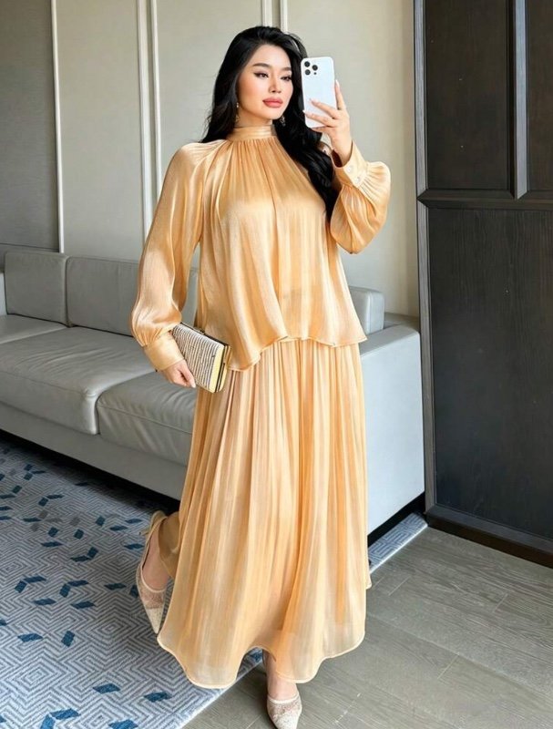 Dazy Plus Ensemble 2 pièces élégant grande taille pour femmes, printemps/été : top ample à manches longues avec col lavallière en mousseline et jupe longue évasée