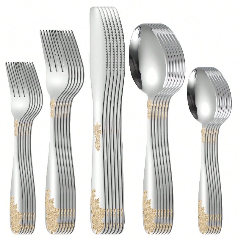 30pièces Set de couverts en acier inoxydable gaufré vintage de Noël, collection de vaisselle plate à tête arrondie pour restaurant, décoration maison multiformat.