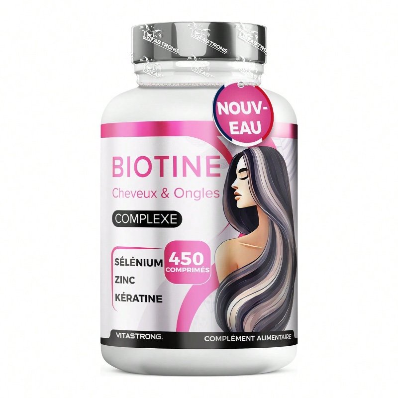 Vitastrong Biotine capillaire haute dose – 450 comprimés (15 mois) avec kératine, sélénium, zinc, cuivre, bambou et vitamines pour les cheveux et les ongles