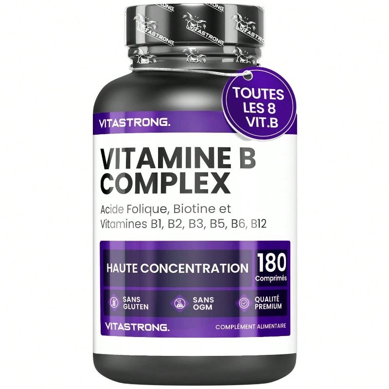 Vitastrong Complexe de vitamines B à haute concentration – 180 comprimés contenant de la biotine, de la thiamine (B1), de la riboflavine (B2), de la niacine (B3), des vitamines B5, B6 et B12, ainsi que de l'acide folique.