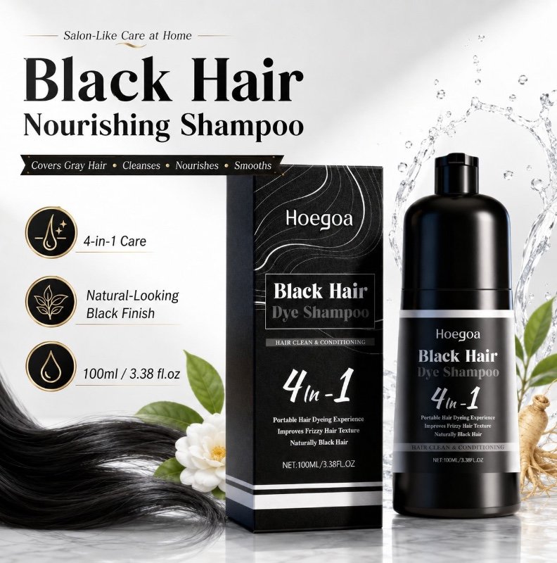 Shampooing nourrissant colorant pour cheveux noirs 100ml, shampooing 4-en-1 couvrant les cheveux gris pour hommes & femmes, aide à restaurer la couleur noire naturelle des cheveux, améliore la texture des cheveux secs et crépus, laisse les cheveux doux, l