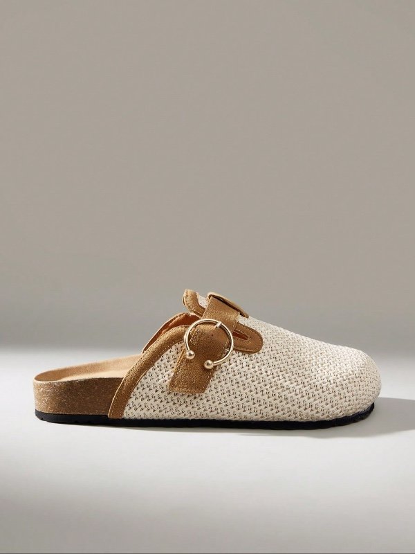 Solecia Mules beiges en paille pour femmes, à bout fermé, avec semelle en liège, boucle en métal pour un style décontracté