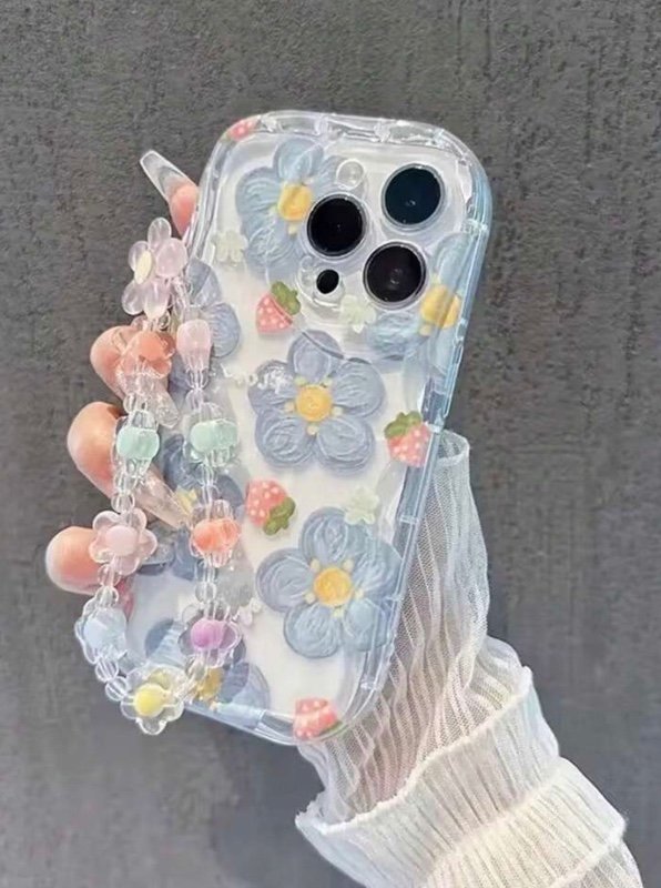 1 paire de coque de protection de téléphone TPU à motif floral minimaliste, avec bord ondulé peint crème et chaîne anti-chute. Compatible avec iPhone, Redmi 11 Lite, A53 TPU, A14/A23/S23 Ultra, S24, A14, A15, S23, A73, A55, A54, version internationale, pa