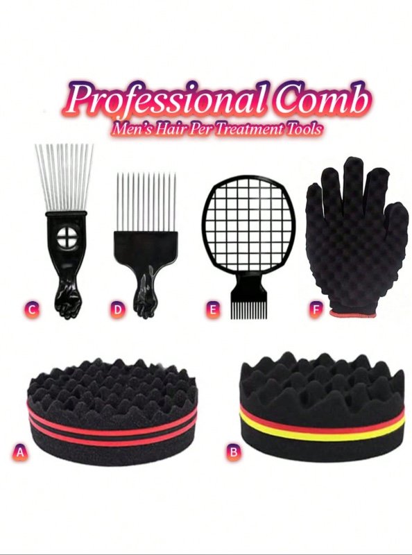 6 pièces Set de peignes pour cheveux afro, kit améliorateur de cheveux hypoallergénique en 1 pièce seul morceau : éponge et peigne métallique - Améliorez votre style, pour hommes et femmes, avec éponge magique à torsader et boucler, et peigne gratuit. Con
