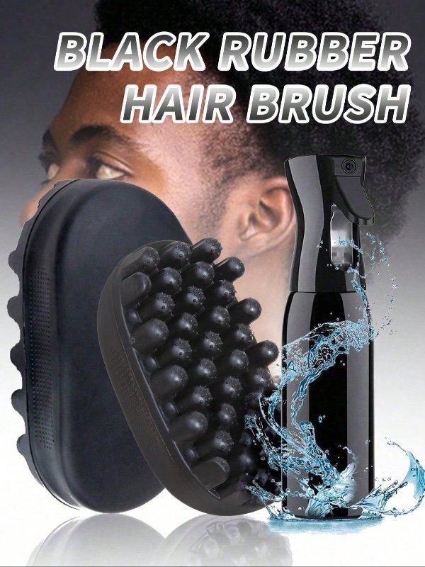 Ensemble Brosse à Cheveux en Caoutchouc Noir & Bouteille Vaporisatrice à Brume Continue, Brosse à Cheveux 360 Wave, Brosse à Cheveux Courbe pour la Paume, Bouteille Vaporisatrice à Brume Fine Rechargeable, Kit de Soins et de Coiffure Tout-en-Un pour Homme